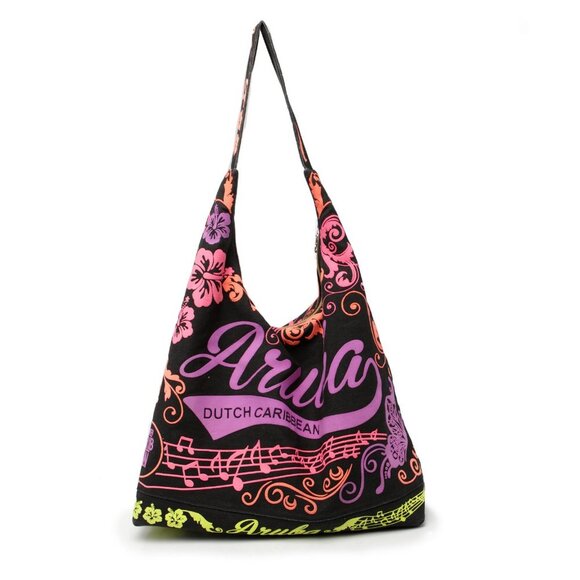 Aruba Neon Hobo Tote Shoulder Bag Canvas Cotton Travel Beach Summer Black Pink - Picture 1 of 8